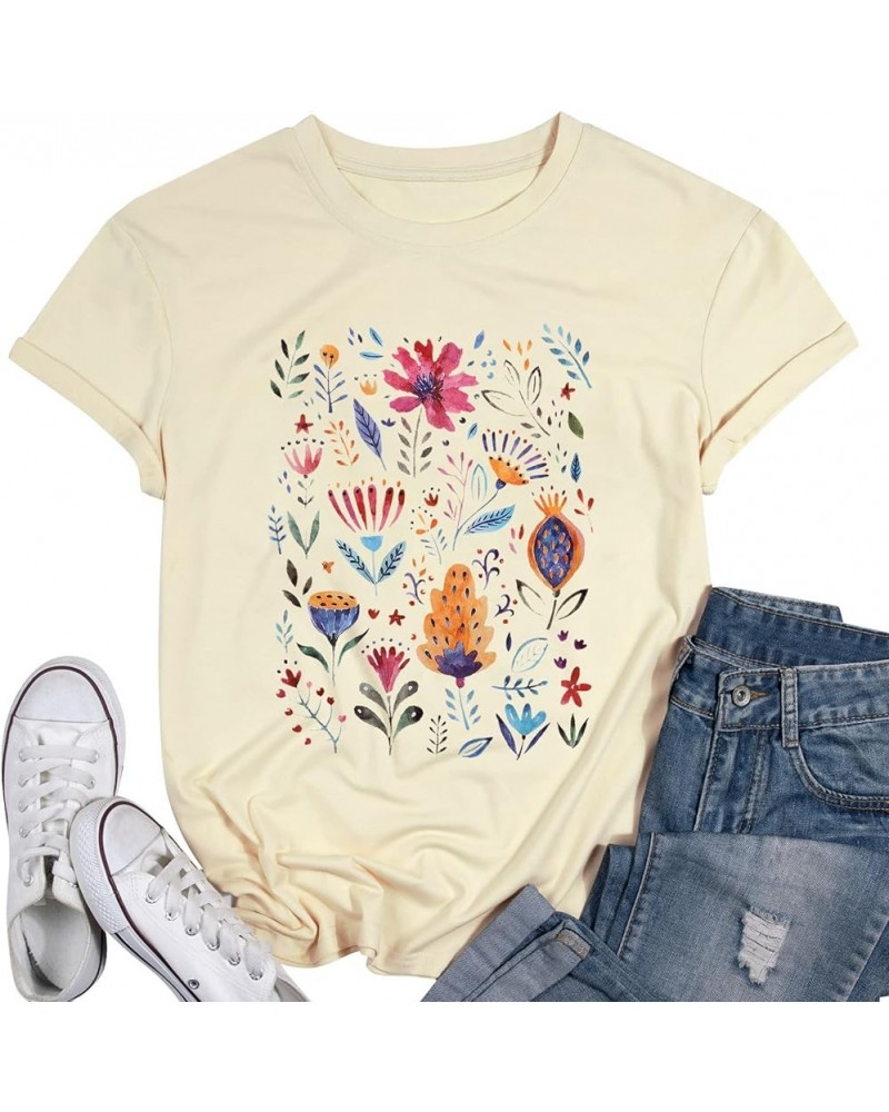 Flower Shirt for Women Cute Floral Print T-Shirt Summer Wild Flower Graphic Short Sleeve Tops Apricot $11.27 Activewear