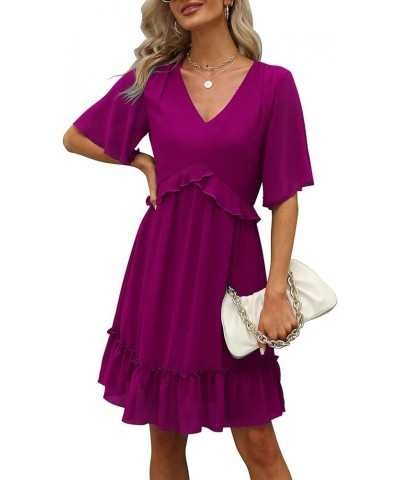 Women's Chiffon Floral Print V Neck Casual Mini Boho Ruffle Swing Dress MY068 Fuchsia $21.12 Dresses