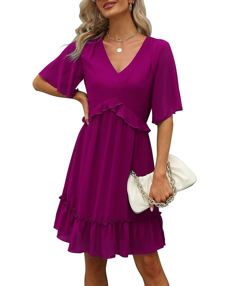 Women's Chiffon Floral Print V Neck Casual Mini Boho Ruffle Swing Dress MY068 Fuchsia $21.12 Dresses