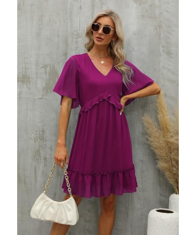 Women's Chiffon Floral Print V Neck Casual Mini Boho Ruffle Swing Dress MY068 Fuchsia $21.12 Dresses