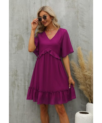 Women's Chiffon Floral Print V Neck Casual Mini Boho Ruffle Swing Dress MY068 Fuchsia $21.12 Dresses