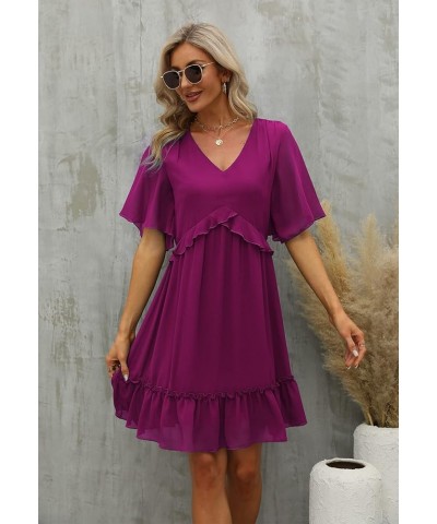 Women's Chiffon Floral Print V Neck Casual Mini Boho Ruffle Swing Dress MY068 Fuchsia $21.12 Dresses