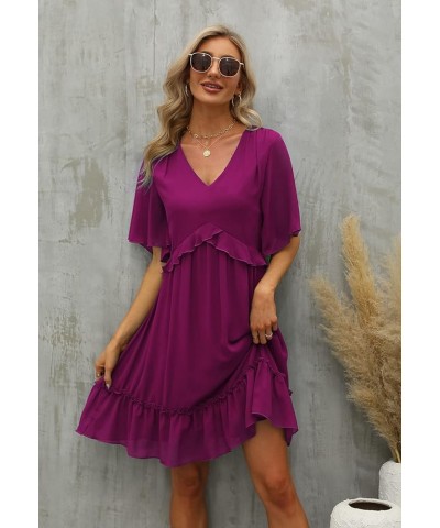 Women's Chiffon Floral Print V Neck Casual Mini Boho Ruffle Swing Dress MY068 Fuchsia $21.12 Dresses