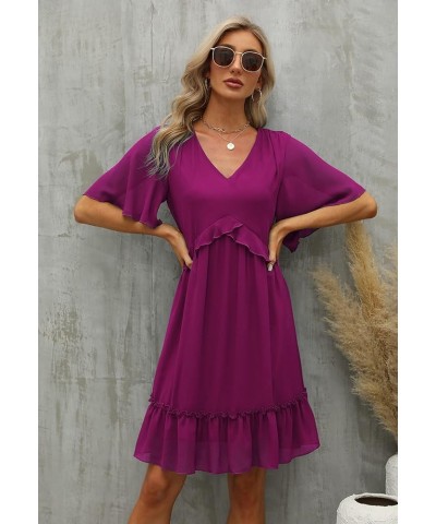 Women's Chiffon Floral Print V Neck Casual Mini Boho Ruffle Swing Dress MY068 Fuchsia $21.12 Dresses