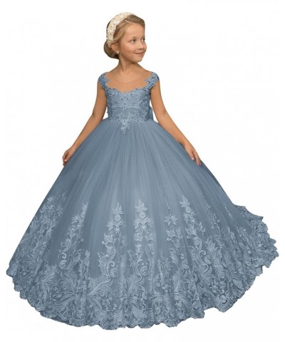 Tulle Flower Girl Dresses with Bow Lace Appliques Puffy Girls Pageant Dress Baby Kid Party Wedding Ball Gown Dusty Blue $43.9...