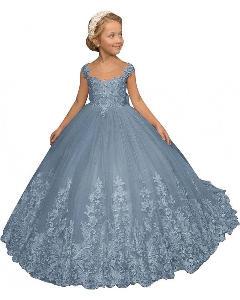 Tulle Flower Girl Dresses with Bow Lace Appliques Puffy Girls Pageant Dress Baby Kid Party Wedding Ball Gown Dusty Blue $43.9...