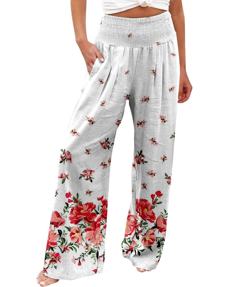 Wide Leg Pants for Women High Waist Linen Elastic Dressy Casual Palazzo Lounge Pant Trousers with Pocket 04-red $4.39 Leggings