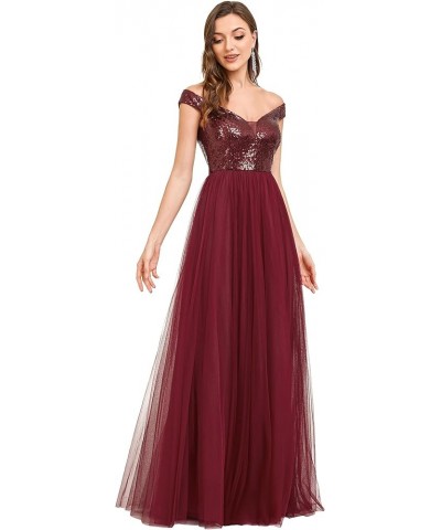 Womens V Neck Sequin Tulle A Line Evening Formal Dress 0277 Burgundy $38.21 Dresses