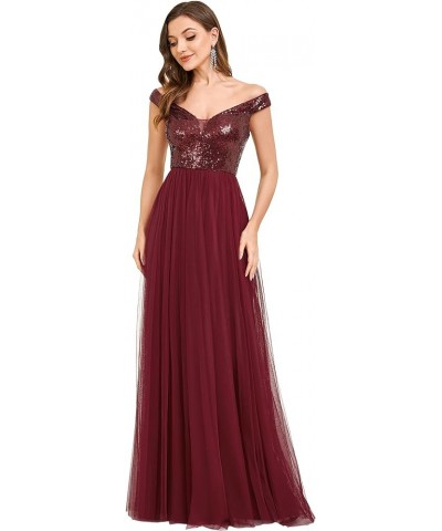 Womens V Neck Sequin Tulle A Line Evening Formal Dress 0277 Burgundy $38.21 Dresses