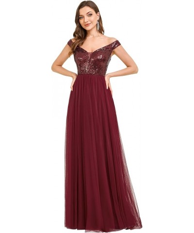 Womens V Neck Sequin Tulle A Line Evening Formal Dress 0277 Burgundy $38.21 Dresses