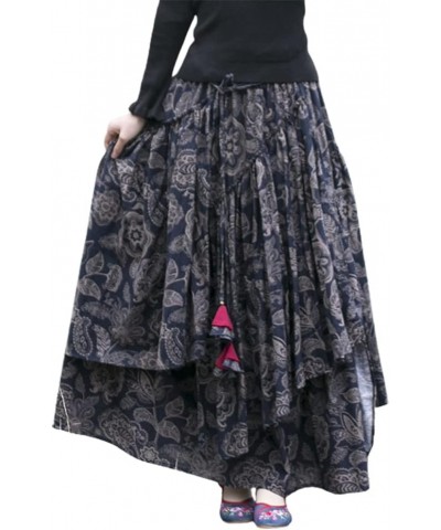 Womens Elastic Waist Aline Cotton Lined Retro Maxi Hem Pleated Long Skirts Print 5 $17.99 Skirts