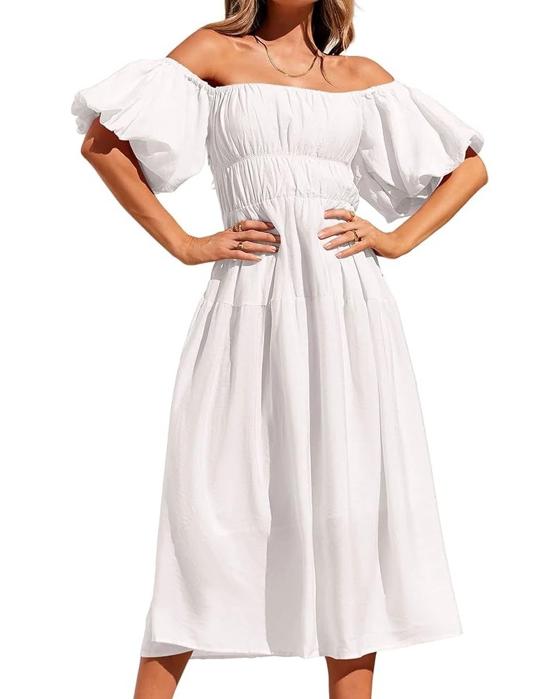 Women's 2024 Boho Off Shoulder Dress Puff Short Sleeves Flowy A Line Beach Party Midi Dresses White $14.57 Dresses