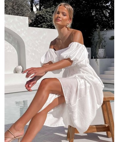 Women's 2024 Boho Off Shoulder Dress Puff Short Sleeves Flowy A Line Beach Party Midi Dresses White $14.57 Dresses