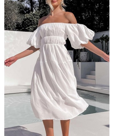 Women's 2024 Boho Off Shoulder Dress Puff Short Sleeves Flowy A Line Beach Party Midi Dresses White $14.57 Dresses