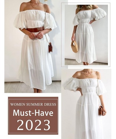 Women's 2024 Boho Off Shoulder Dress Puff Short Sleeves Flowy A Line Beach Party Midi Dresses White $14.57 Dresses