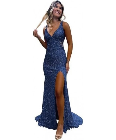 Hollow-Out Sequin Prom Dress 2024 Long for Teens with Slit V Neck Mermaid Backless Evening Party Gowns VS045 Navy Blue $31.98...