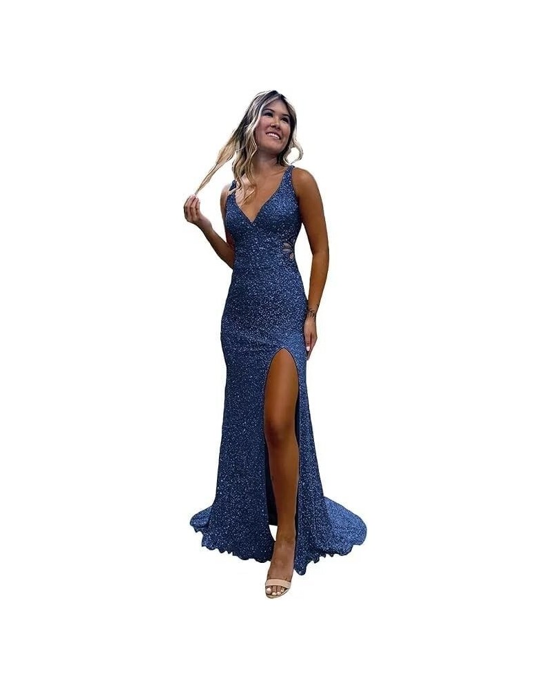 Hollow-Out Sequin Prom Dress 2024 Long for Teens with Slit V Neck Mermaid Backless Evening Party Gowns VS045 Navy Blue $31.98...