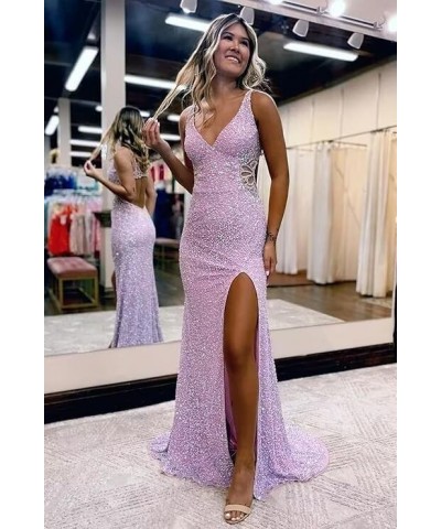 Hollow-Out Sequin Prom Dress 2024 Long for Teens with Slit V Neck Mermaid Backless Evening Party Gowns VS045 Navy Blue $31.98...