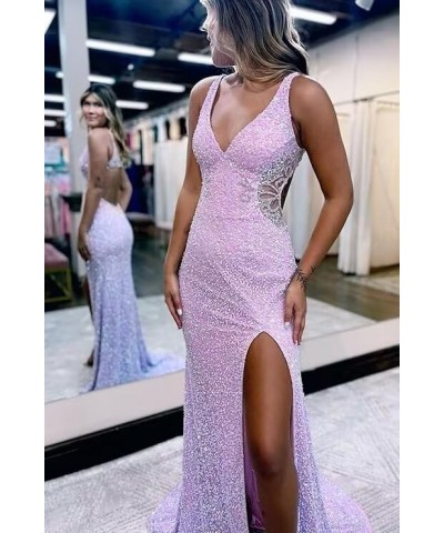 Hollow-Out Sequin Prom Dress 2024 Long for Teens with Slit V Neck Mermaid Backless Evening Party Gowns VS045 Navy Blue $31.98...