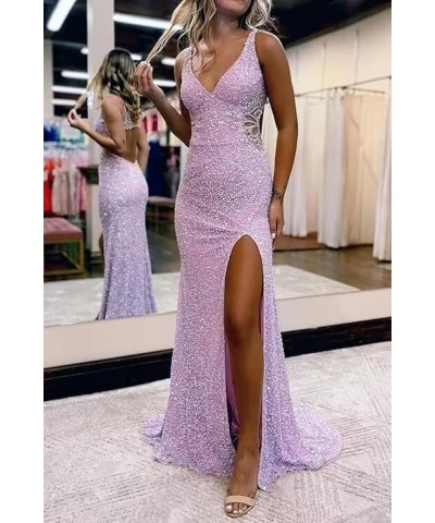 Hollow-Out Sequin Prom Dress 2024 Long for Teens with Slit V Neck Mermaid Backless Evening Party Gowns VS045 Navy Blue $31.98...