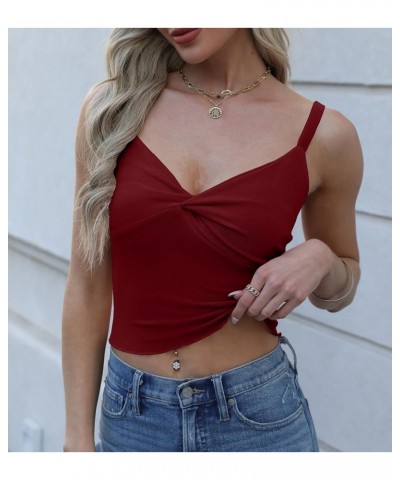 Womens Y2K Tank Tops Twist Front Cute Camis Ruffle Hem Solid Going Out Sleeveless Slim Fit Crop Tops Red $8.99 Tops