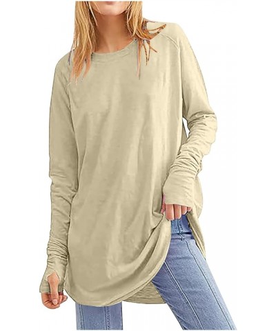 Womens Fall Fashion 2024 Tunics Plus Size Solid Color Long Sleeve Tunics Loose Fit Tunic Tops Thumb Sleeve Top Shirts Beige $...