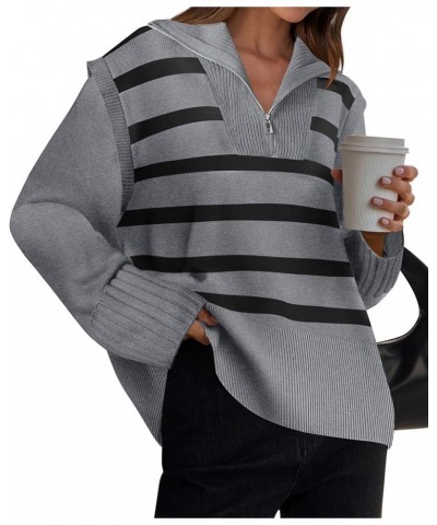 Women's 2024 Winter Striped Sweaters 1/4 Zip V Neck Long Sleeve Chunky Knit Oversized Tunic Pullover Jumper Tops Grey $18.92 ...