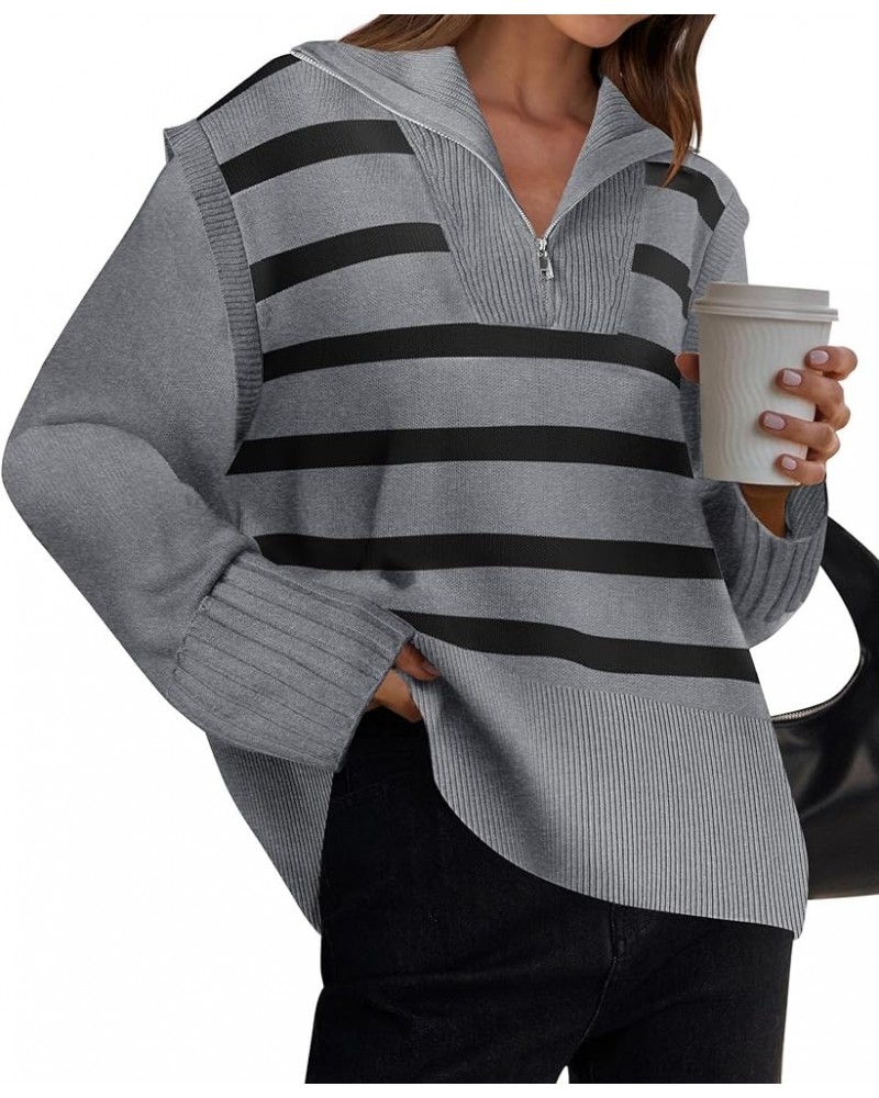 Women's 2024 Winter Striped Sweaters 1/4 Zip V Neck Long Sleeve Chunky Knit Oversized Tunic Pullover Jumper Tops Grey $18.92 ...