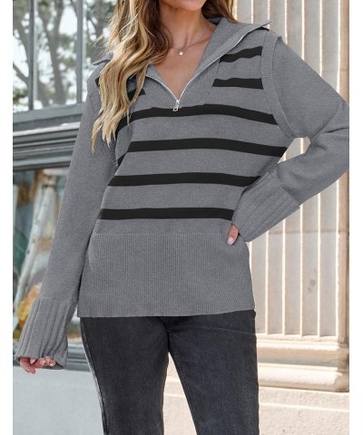 Women's 2024 Winter Striped Sweaters 1/4 Zip V Neck Long Sleeve Chunky Knit Oversized Tunic Pullover Jumper Tops Grey $18.92 ...