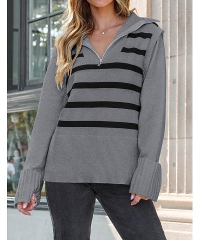 Women's 2024 Winter Striped Sweaters 1/4 Zip V Neck Long Sleeve Chunky Knit Oversized Tunic Pullover Jumper Tops Grey $18.92 ...