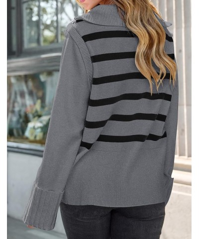 Women's 2024 Winter Striped Sweaters 1/4 Zip V Neck Long Sleeve Chunky Knit Oversized Tunic Pullover Jumper Tops Grey $18.92 ...