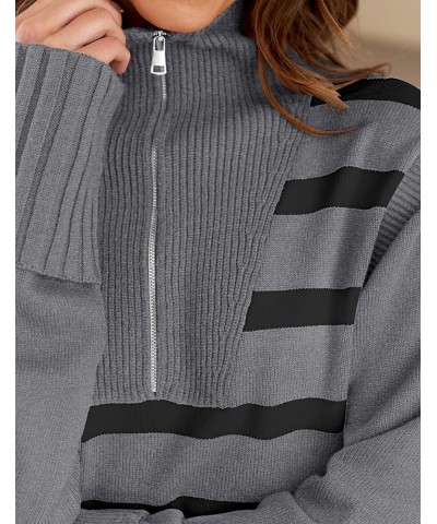 Women's 2024 Winter Striped Sweaters 1/4 Zip V Neck Long Sleeve Chunky Knit Oversized Tunic Pullover Jumper Tops Grey $18.92 ...