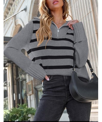 Women's 2024 Winter Striped Sweaters 1/4 Zip V Neck Long Sleeve Chunky Knit Oversized Tunic Pullover Jumper Tops Grey $18.92 ...