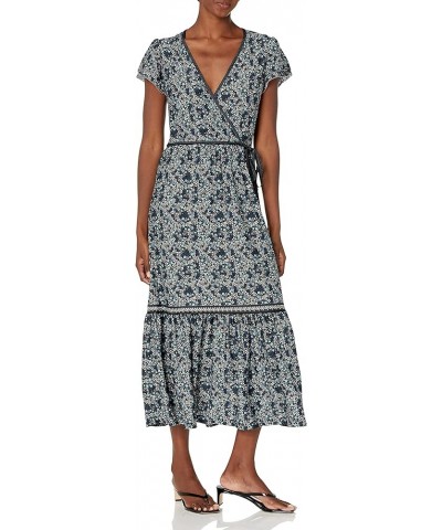 Women's Short Sleeve Midi Crepe Jersey Wrap Dress Black/Blue/Teal Ditsy Wall $20.95 Dresses