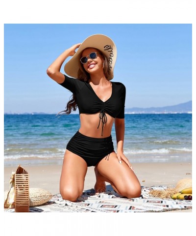 Womens High Waisted Bikini Set Short Sleeve Tie Front Swimsuit Top Sporty Tummy Control Bottom Ruched Two Piece Bathing Suit ...