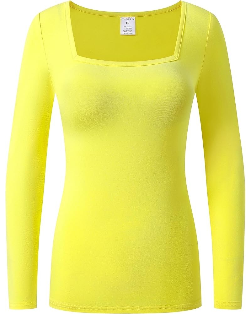 Women's Long Sleeve T-Shirt Comfy Square Neck Shirts Basic Stretch Layer Yellow $10.74 T-Shirts