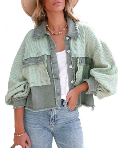 Women's Oversized Waffle Knit Shacket Cropped Color Block Jean Patchwork Blouse Shirt Green $17.54 Blouses