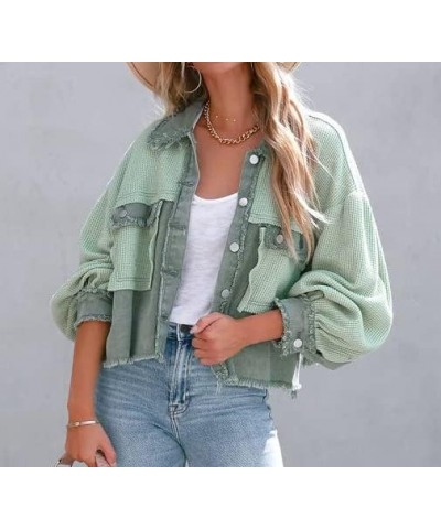 Women's Oversized Waffle Knit Shacket Cropped Color Block Jean Patchwork Blouse Shirt Green $17.54 Blouses