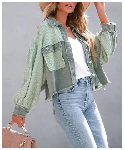 Women's Oversized Waffle Knit Shacket Cropped Color Block Jean Patchwork Blouse Shirt Green $17.54 Blouses