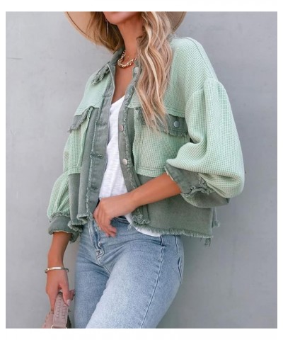 Women's Oversized Waffle Knit Shacket Cropped Color Block Jean Patchwork Blouse Shirt Green $17.54 Blouses