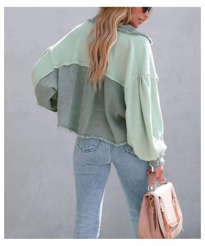 Women's Oversized Waffle Knit Shacket Cropped Color Block Jean Patchwork Blouse Shirt Green $17.54 Blouses