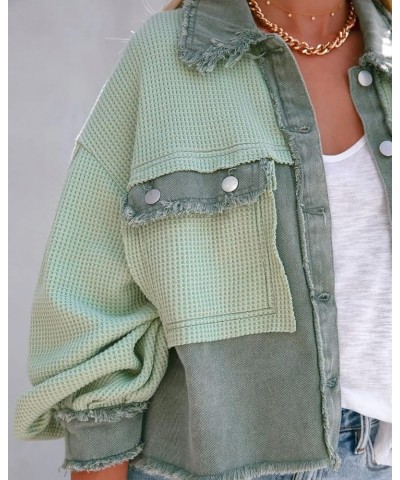 Women's Oversized Waffle Knit Shacket Cropped Color Block Jean Patchwork Blouse Shirt Green $17.54 Blouses