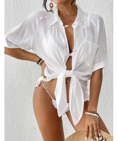 Women Beach Shirt Bathing Suit Cover Up Embroidered Lapel Blouses Button Down Collar Tops L-white $14.21 Swimsuits