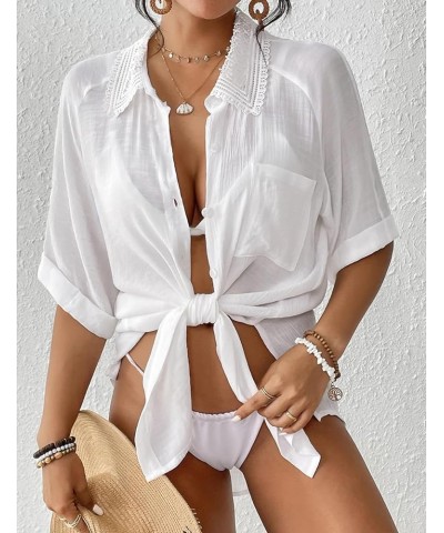 Women Beach Shirt Bathing Suit Cover Up Embroidered Lapel Blouses Button Down Collar Tops L-white $14.21 Swimsuits