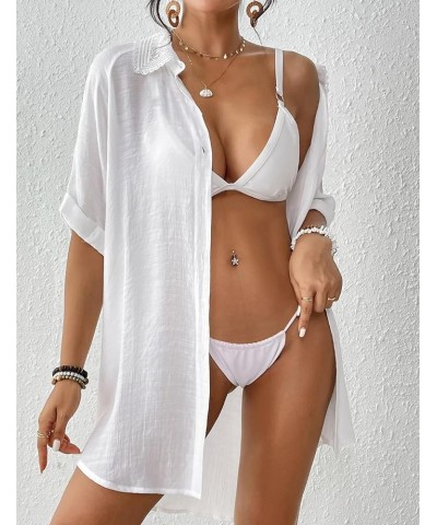 Women Beach Shirt Bathing Suit Cover Up Embroidered Lapel Blouses Button Down Collar Tops L-white $14.21 Swimsuits