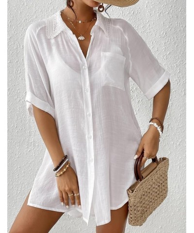 Women Beach Shirt Bathing Suit Cover Up Embroidered Lapel Blouses Button Down Collar Tops L-white $14.21 Swimsuits