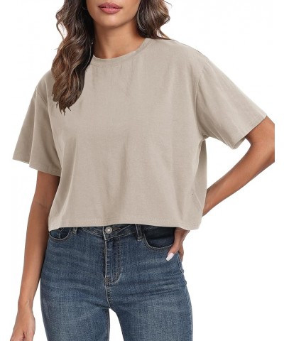 Women's Oversized Workout Cropped T Shirts Crew Neck Short Sleeve Casual Loose Summer Crop Tee Tops Cotton Beige $10.80 T-Shirts