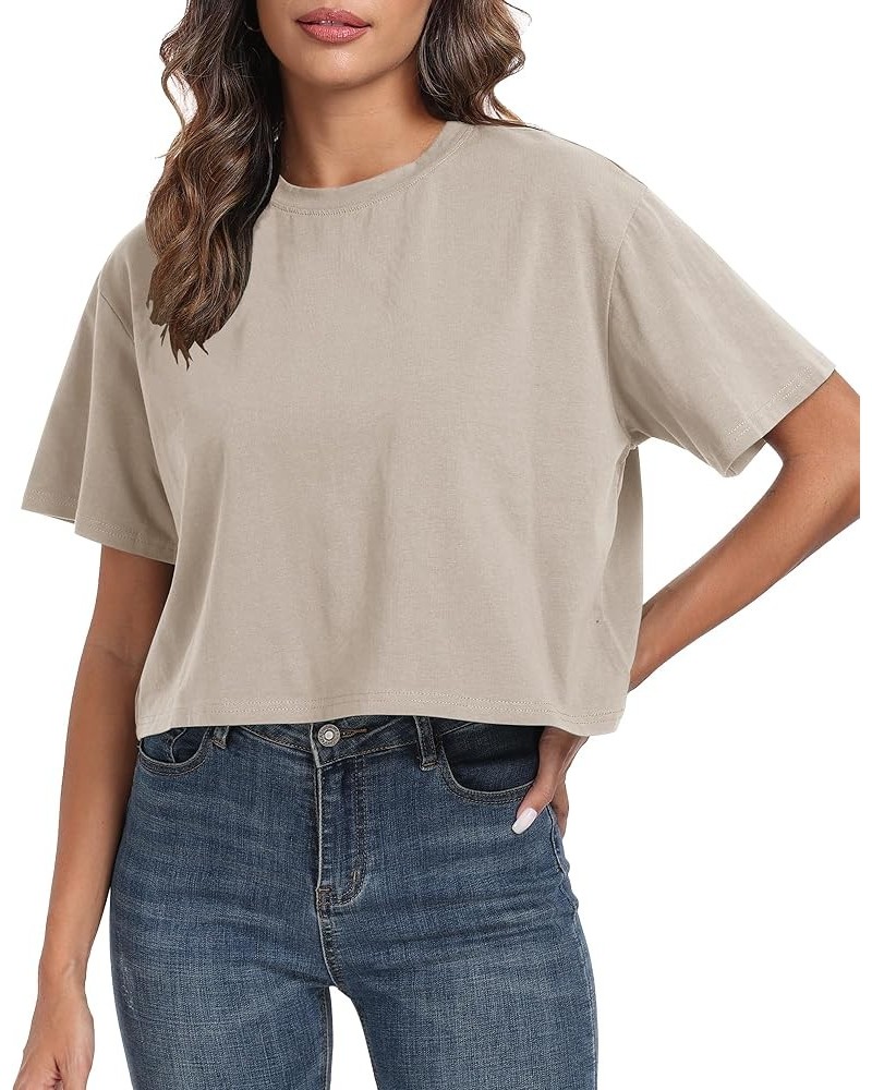 Women's Oversized Workout Cropped T Shirts Crew Neck Short Sleeve Casual Loose Summer Crop Tee Tops Cotton Beige $10.80 T-Shirts