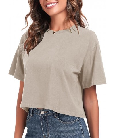 Women's Oversized Workout Cropped T Shirts Crew Neck Short Sleeve Casual Loose Summer Crop Tee Tops Cotton Beige $10.80 T-Shirts