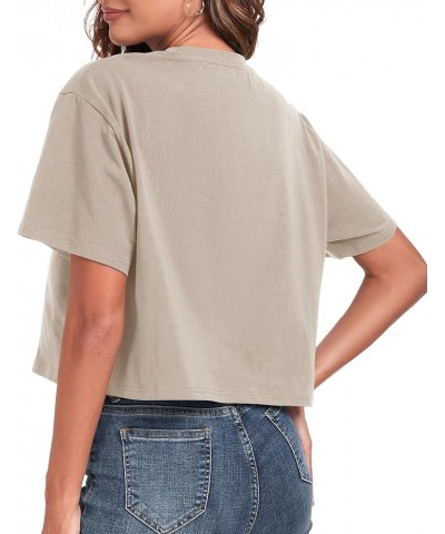 Women's Oversized Workout Cropped T Shirts Crew Neck Short Sleeve Casual Loose Summer Crop Tee Tops Cotton Beige $10.80 T-Shirts